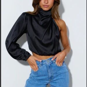 Hello Molly Black Satin One-Shoulder Crop Top